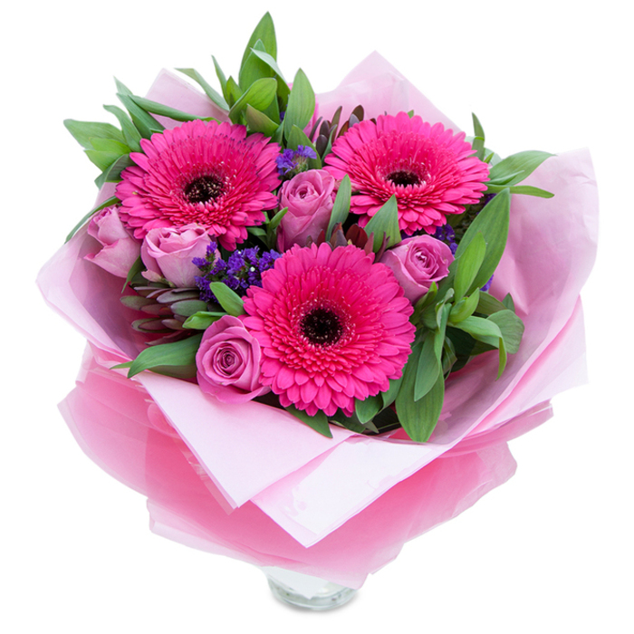A refined, affectionate bouquet captured on a white field, where three exuberant fuchsia Gerbera daisies take centre stage-each bloom opening wide with layers of petals that radiate around a deep, almost black centre, creating a dramatic, lively focus. Surrounding these are several dusty lavender-pink roses, their petals still tightly curled in fresh, promising buds that introduce a soft, velvety texture and a whisper of vintage charm. Small clusters of purple statice are tucked throughout, their papery clusters offering a playful, meadow-like counterpoint and subtle architectural interest. The dense, glossy greenery-hints of salal and eucalyptus-forms a cool, nourishing backdrop that makes the pinks glow and brings a garden-fresh scent into the arrangement. Elegantly wrapped, the bouquet sits within an inner layer of soft, matte pale-pink tissue and an outer wrap of slightly crinkled, translucent fuchsia cellophane that shimmers gently under light; the folds are neat, suggesting attentive hands at work. The clear glass vase rim peeks from beneath the paper, indicating the piece is ready to stand on a dining table or windowsill and brighten a room. This is the sort of bouquet our shop, Flowers Woodside, would recommend for sending warmth and gratitude-ideal for Mother's Day, milestones, or simply to celebrate someone special. Local customers often choose it for same-day delivery to addresses near Woodside Green or for pick-up on the high street, appreciating its vibrant colour story and approachable elegance.