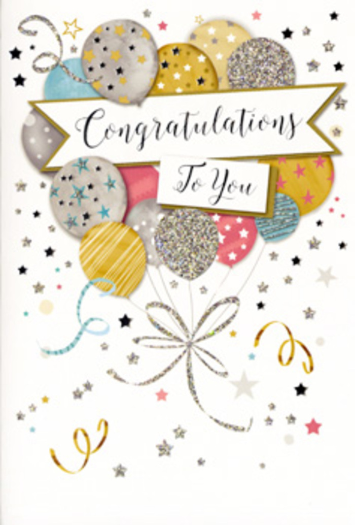 The image shows a refined congratulations card, designed with the same sensitivity to colour and balance that we bring to arranging flowers for our Woodside customers. At its centre, a loose bouquet of helium-style balloons floats upward, filling the card with an airy, uplifting energy. The balloons vary in size and gently overlap, creating depth with their layered hues of soft gold, muted silver, warm champagne, sky blue, rosy pink, and dove grey. Each balloon has its own unique decoration-some criss-crossed with slender stripes, others sprinkled with glimmering stars or fine glitter that suggests texture and sparkle without overwhelming the eye. From their bases, curling gold and silver ribbons sweep down in flowing lines, intertwining like elegant tendrils of foliage in a hand-tied bouquet, before meeting at a single shimmering knot near the bottom of the composition. Surrounding the central cluster, tiny metallic stars, streamers, and flecks of confetti drift across a pale, creamy background, echoing the joyful spontaneity of a surprise celebration. A horizontal banner stretches across the middle, slightly curved and gently shaded, carrying the word Congratulations in stylish, ornate script that feels both personal and timeless. The overall lighting appears soft, like late-morning daylight falling through a Woodside shop window, which enhances the gentle gleam of the metallic elements. Visually, the card conveys pure celebration-light, buoyant, and full of pride-suited to graduations, promotions, exam successes, or any local milestone where a vibrant bouquet and a beautiful, thoughtfully chosen card together express admiration, encouragement, and shared happiness.