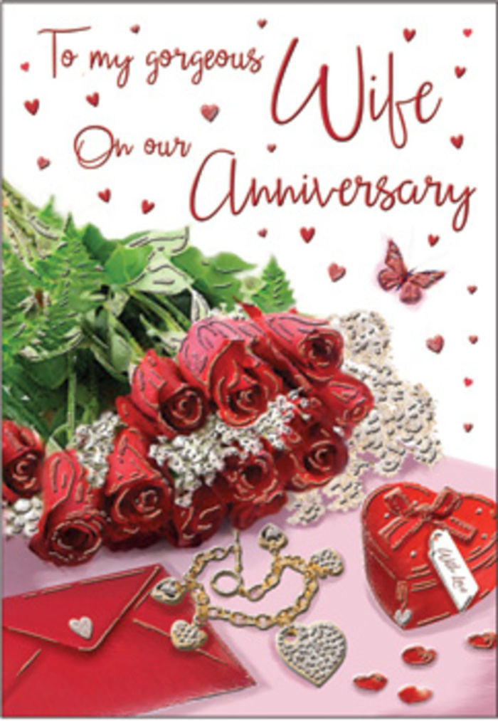In this richly detailed anniversary card design, a romantic tableau is laid out as though on a polished table in a Woodside home prepared for a special evening. At the heart of the composition sits a bouquet of classic red roses, each flower generously open, the petals layered and full, with a deep, luxurious hue. The blooms are wrapped or gathered with subtle elegance, surrounded by lush green foliage that enhances their intensity, much like a hand-tied arrangement picked up from a trusted Woodside florist. Nearby, fine lace details and delicate heart motifs draw the eye, their filigree patterns softening the strong reds with notes of ivory and blush. Scattered among these are small trinkets and adornments: a coordinated jewellery set catching the light with gentle metallic glints, and a vivid red box, possibly a ring or pendant case, its surface smooth and gently reflective. These items suggest years of thoughtful gifts and intimate gestures exchanged between partners. The card text appears in a scripted, flowing font, partially framed by the roses and hearts, reinforcing the sense that this is a message meant just for two. Textures abound-velvet-like petals, gleaming metal, silky ribbon, and the faint grain of fine paper-inviting the imagination to linger on every surface. The overall atmosphere is enveloped in a warm, romantic glow that conjures images of anniversaries spent at home after a leisurely stroll through Woodside's quiet streets. Everything here-from colour to composition-evokes a comforting embrace and honours the steady, enduring nature of long-term love.
