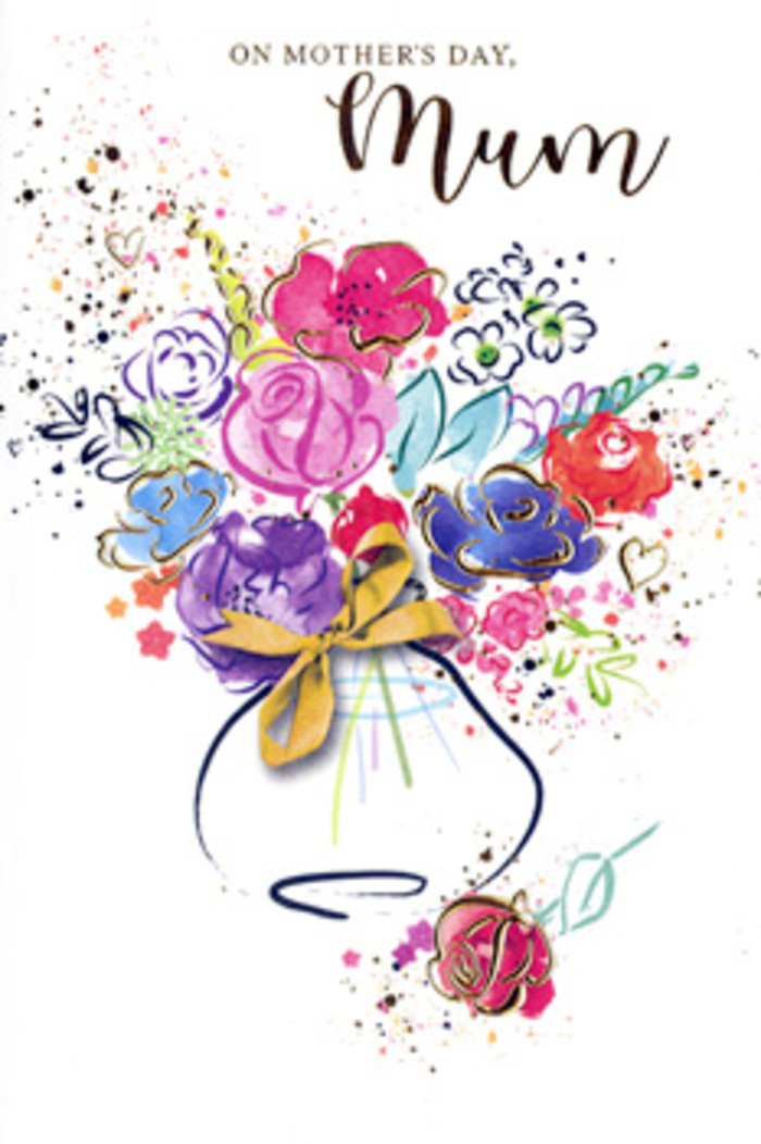The card shows a lively, almost musical bouquet rendered in loose, expressive watercolour strokes, as though the artist captured the emotion of Mother's Day in Woodside rather than a precise botanical study. At its heart, lush blossoms in hot pink, bold cerise, and berry-magenta cluster together, their rounded forms edged in rich indigo that adds depth and contrast. Softer clouds of lavender, powder blue, and warm apricot drift between the brighter blooms, giving the eye places to rest and suggesting the gentler side of a mother's care. Slender strokes of fresh green hint at leaves and stems, though nothing is strictly outlined; instead, the colours bleed slightly into one another, evoking the natural blending of petals in a full, fragrant bouquet. Over this base, filigrees of metallic gold trace select petals and leaf tips, creating subtle highlights that shimmer like sunlight on a vase displayed near a Woodside bay window. The flowers gather in a stylised vase, painted in translucent layers that allow the white card stock to shine through, keeping the composition light and breezy. Around the vase, an elegant gold bow is suggested with a few confident lines, recalling the finishing touch a florist adds before a bouquet goes out for same-day delivery. Speckles of paint, tiny hearts, and soft splashes of colour radiate from the arrangement, giving a sense of celebration, like petals scattered along a path. The whole card reads as a warm embrace in colour form: a balance of energy, tenderness, and gratitude, designed to express what words alone sometimes cannot say to Mum.