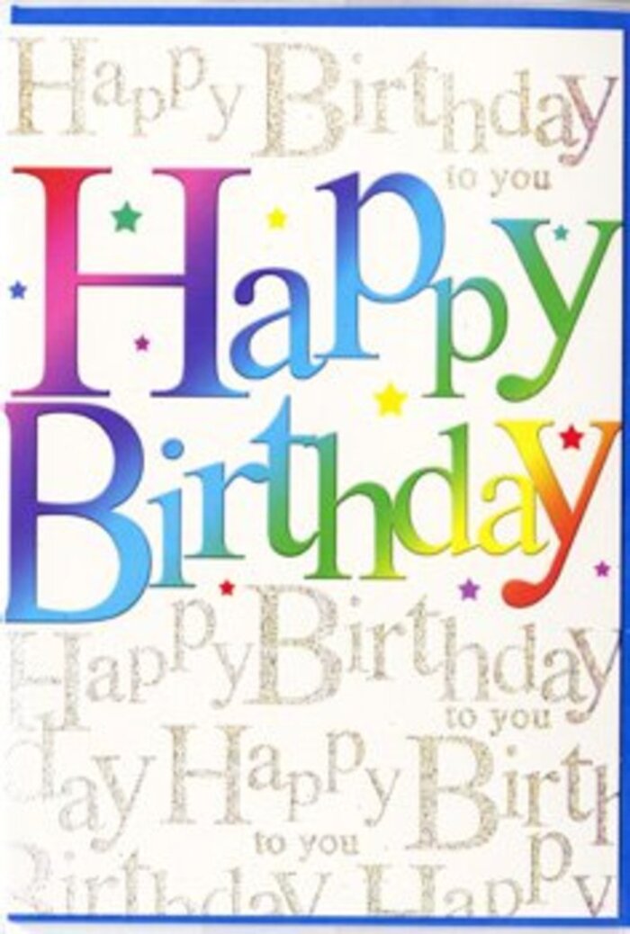 The image shows a striking birthday card that feels like a burst of celebration captured on paper, the sort of card you might choose from a Woodside shop when you want your message to stand out among gifts and balloons. In the middle of the card, the words Happy Birthday curve gently across the front, each letter rendered in a lush, gradient wash of colour. The hues travel seamlessly from rich berry reds and deep fuchsias into warm apricots and buttery yellows, then slide effortlessly into fresh greens, teal, and bright azure blues before finally landing in a regal violet. The letters are bold and slightly rounded, with a velvety, satin-like finish that reflects just enough light to look luxurious without being overly glossy. Behind this central rainbow phrase, the background is alive with delicate golden script, repeating Happy Birthday to you over and over in looping, fluid handwriting that mimics the easy flow of a personal note. The metallic ink catches the light like tiny slivers of sunshine, producing a soft shimmer akin to morning light dancing on wet pavements after a Woodside shower. The golden words overlap gently, creating a textured visual rhythm without overwhelming the main message. Subtle specks of sparkle are interspersed between the lines, evoking the look of fine glitter or the last flickers from birthday candles. The composition feels both playful and thoughtfully arranged, suggesting a balance between youthful fun and adult elegance. It's easy to picture this card standing proudly beside a colourful birthday arrangement, its rainbow letters harmonising with mixed blooms, ready for local delivery to make someone's special day feel bright, joyful, and truly appreciated.