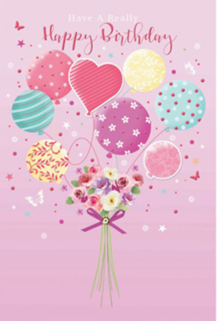 This illustrated birthday card captures a sense of gentle jubilation, as if a small garden has taken flight above Woodside for a day of celebration. The scene is set against a soft pink backdrop, flattering every pastel hue and lending the artwork a warm, rosy glow. Rising from the base is a delightful cluster of balloons, each one painted with charming patterns that carry a touch of childlike wonder: looping stripes like streamers, polka dots that bounce across the surface, and subtle floral details that echo the bouquet below. The palette flows from pale sunshine yellow and rosy fuchsia to lavender, seafoam, and cloud-soft teal, blending as effortlessly as evening colours over the nearby rooftops. At the bottom of the composition, a hand-tied bouquet forms the anchor, its stems drawn together with a shimmering purple ribbon. Small roses, daisy-like blooms, and anemone-style flowers nestle closely, creating a cushion of petals in tones of cream, blush pink, and gentle mauve. Their textures appear luxuriously soft, as though a fingertip could trace each delicate curve, while their imagined scent suggests something light, sweet, and comforting. Scattered around are miniature butterflies and tiny stars, drifting as if caught in a soft birthday breeze. They add a whimsical, almost storybook touch, reminiscent of a garden party tucked away on a quiet Woodside street. The entire design radiates warmth and affection, offering a visual hug that turns a simple birthday card into a keepsake moment, perfect for someone who loves both flowers and a little touch of magic.
