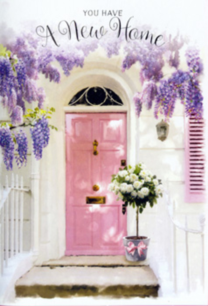 This romantic doorway in Woodside is captured at the precise moment when a house first begins to feel like it belongs to someone. A delicately painted pink door, in a soft pastel shade reminiscent of blush roses, forms the heart of the composition. Its smooth surface and simple panels glow subtly in the natural light, framed by whitewashed walls that have the faint, lived-in texture of older homes along quiet Woodside lanes. Overhead, wisteria cascades in lush, trailing clusters, spilling lavender-toned blossoms down around the doorframe like a floral curtain. Each raceme of tiny, pea-like flowers seems to dangle in mid-sigh, giving the impression of a gentle perfume that might drift out over the path, especially on a still spring afternoon. At the doorstep, a metal bucket in a cool grey tone anchors the scene. It cradles a full arrangement of creamy white roses, each bloom gathered closely yet with enough space to show off its ruffled petals. The roses are interlaced with sprigs of fresh green foliage, adding texture and a subtle, earthy contrast to the pastel surroundings. A soft pink ribbon is neatly tied around the base of the bucket, its satin finish catching just a trace of light, echoing the door and uniting the colour story. The image feels calm yet emotionally charged, like that first evening after moving when the boxes are stacked inside and the doorway finally looks lived-in. It suggests a congratulatory gift crafted by a local Woodside florist-perhaps Flowers Woodside-created to mark a new home with quiet joy, tenderness, and the promise of many happy arrivals through that pink door.