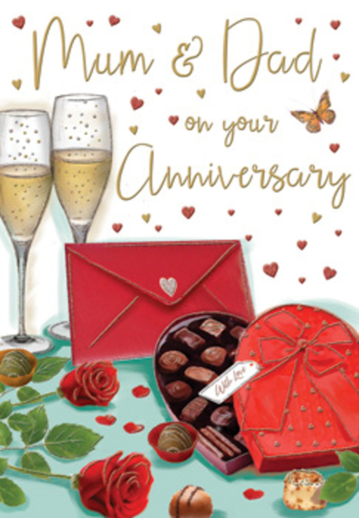 Luxurious anniversary card artwork evoking the feeling of an intimate celebration at home in Woodside, carefully composed with romantic detail. The eye is first drawn to a pair of slender champagne flutes standing together like a devoted couple, each glass brimming with pale gold champagne, bubbles caught mid-rise in the clear crystal. Just in front, a heart-shaped box of chocolates forms a striking focal point: the lid is rich red, finished with a broad, satin bow, while the open base reveals beautifully arranged truffles, each one a tiny, glossy treasure. Nearby, two red roses rest on the table, their petals lush, layered, and almost touchably soft, set off by deep green foliage reminiscent of the premium roses a skilled florist in Woodside might choose for a special anniversary bouquet. A few chocolates are scattered around them, suggesting an evening of unhurried conversation and shared treats. Floating across the card, tiny golden sparkles and crimson hearts drift like gentle confetti, adding movement and whimsy to the background. A vivid scarlet envelope lies in the foreground, its flap sealed and positioned as though just placed down after being filled with handwritten words for Mum & Dad, words that might echo family stories and memories of years spent together near Ashburton Park and the surrounding streets. The colour palette glows with warm reds, soft golds, and subtle shadows, creating a cosy, almost candlelit atmosphere. The illustration feels like a snapshot of a cherished anniversary, where flowers, chocolates, and champagne become symbols of enduring affection and the quiet joy of a life shared.