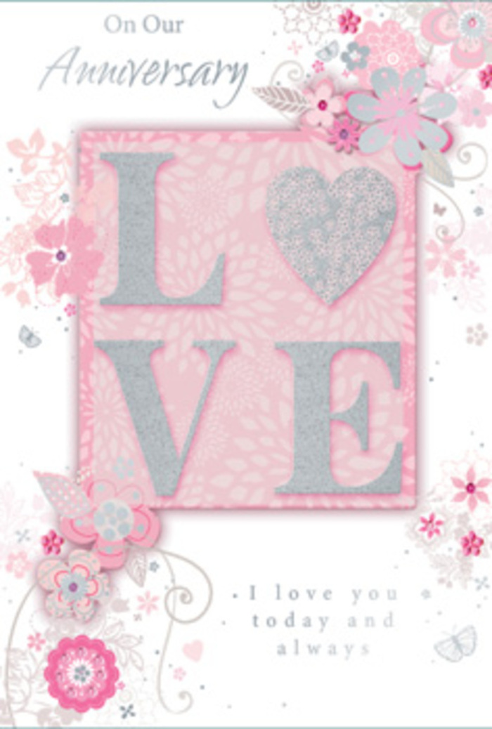 This anniversary card feels like stepping into a softly lit room in Woodside where love is honored in everyday gestures rather than grand displays. Dominating the design, the word LOVE appears in a frosted, glittered finish that is both visually luminous and pleasingly tactile under the fingertips, the letters gently raised from the surface. The background is a serene wash of blush pink, touched with pearlescent whites and pale lilac tones that blend together like petals scattered across a table in a local florist's studio. Around the borders and drifting inward, wispy, hand-drawn blooms and airy sprays of foliage create a frame that seems to float. The flowers, in shades of pink, lilac, and creamy ivory, are rendered with fine lines and delicate shading, their stems curling gracefully like the stems of fresh flowers arranged for an anniversary delivery elsewhere in Woodside. Subtle filigree details-slender leaves, curling tendrils, and almost-hidden butterfly motifs-are tucked among the blossoms, hinting at fluttering hearts and quiet, joyful moments shared over the years. The sentiment I love you today and always appears in an understated yet graceful typeface beneath or beside the main motif, its words resting calmly within the design, as if inviting a pause of appreciation. The soft, romantic palette, combined with the glitter's gentle sparkle, creates an atmosphere of warmth and gratitude, much like sharing a quiet evening at home after flowers have been placed in a vase. The card reads as a hand-tied bouquet translated into paper: tender, beautifully composed, and filled with enduring affection.