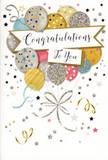A beautifully designed congratulations card is shown, its artwork evoking the same sense of joyful celebration as a fresh, hand-tied bouquet prepared for delivery around Woodside. At the centre, a cheerful bunch of balloons rises upward, their rounded forms overlapping in a graceful cluster. The colour palette is soft yet festive: shimmering gold and silver sit alongside champagne, sky blue, blush pink, and gentle grey, each balloon decorated with tiny stars, faint stripes, and glittery speckles that catch the light. Slim gold and silver ribbons trail from the base of the balloons, curling and looping in elegant strands that gather into a small, sparkling knot, much like the finishing bow on a celebratory floral arrangement. Scattered stars, curving streamers, and delicate confetti shapes drift across the pale background, suggesting movement and the buoyant atmosphere of a party just getting underway, perhaps after a local exam success or promotion in one of the nearby offices. Across the centre floats a softly curved banner, lightly shaded to stand out, bearing the words Congratulations To You in flowing, stylish calligraphy. The lettering feels warm and genuine, adding a personal note to the sparkling design. You can almost sense the texture of the card stock, with its mix of smooth print and slightly raised glitter accents. Overall, the card radiates lightness, pride, and happiness-a perfect partner to a congratulatory bouquet when you want to mark a special achievement with something that looks as festive as it feels, and carries your good wishes with charm and elegance.