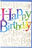This birthday card design almost hums with joy, the type of card a Woodside local might pick up to accompany a bold, colourful bouquet. Centred on the front is the phrase Happy Birthday, written in large, confident letters that sweep from left to right in a rich rainbow gradient. Each letter merges seamlessly into the next, beginning with deep crimson and ruby tones, moving through vivid pinks, glowing oranges, and honeyed yellows, then gliding into fresh grassy greens, cool aquas, and bright sky blues, before settling into a smooth amethyst and plum at the end. The lettering appears slightly raised and silky, giving the impression of a satiny texture that would feel smooth under your fingertips. Behind this main message, the background is filled top to bottom with fine, looping golden script repeating the words Happy Birthday to you, as if written lovingly again and again. The metallic ink has a gentle sparkle, catching the light with an effect similar to tiny fairy lights glimmering in a Woodside window at dusk. The script forms soft, rhythmic lines, like musical notes drifting around the bold central phrase. Between the handwritten lines, faint flecks of shimmer add a subtle party feel, reminiscent of confetti or champagne bubbles. The overall look is both festive and refined, suitable for any age, from a lively child's celebration to a landmark adult birthday. You can imagine the card displayed on a table beside a cake and a cluster of fresh flowers, its rainbow colours echoing the joy of the occasion and its golden background wrapping the message in warmth and sincere good wishes.
