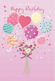 In this enchanting birthday scene, a pastel bouquet and a cluster of balloons come together in a celebration that feels tailor-made for a joyful day in Woodside. The background is a gentle blush pink, like the sky just before dawn, casting everything in a flattering, romantic light. From the lower edge of the card, a hand-tied bouquet rises, its stems neatly gathered and secured with a violet satin bow that glints softly. The flowers themselves-delicate roses and anemone-like blossoms-are rendered in creamy ivory, soft blush, and misty mauve. Their petals look feathery and plush, layered in a way that suggests both fullness and tenderness, almost as though you could lean in and catch a faint, powdery-sweet fragrance. Above the blooms, a playful array of balloons floats upward, giving the impression that the bouquet is being lifted into the air. Some balloons are adorned with candy-coloured stripes, others with cheerful polka dots or floral motifs, and one heart-shaped balloon at the centre radiates gentle affection. Hues of pink, mint, lemon, lavender, and teal wash across their surfaces, reflecting an inner glow, like party lights shining softly in a nearby Woodside home. Sprinkled through the air are tiny stars and fluttering butterflies, adding a touch of fantasy, as if birthday wishes were visible in the atmosphere. The composition is light, airy, and celebratory, capturing the mood of a birthday meant to feel special, cherished, and just a little bit magical, while keeping the focus firmly on the beauty and charm of the flowers.
