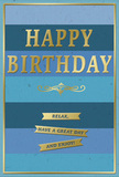 This image shows an elegantly styled birthday card whose front is entirely dedicated to serene blue tones and tasteful gold detailing, the sort of design you might find paired with a fresh bouquet delivered to a home in Woodside. The background is arranged in wide, even horizontal stripes, each strip a different shade of blue, slowly transitioning from pale, almost silvery sky blue at the top into richer teal and deep navy at the bottom. The effect is soothing and reminiscent of calm layers of sea or sky. Centred across these bands, the words HAPPY BIRTHDAY appear in large, embossed gold capital letters, standing slightly proud of the surface so they can be felt as well as seen. The metallic finish glows softly rather than flashing, lending a sense of understated luxury. Beneath this main greeting, a graceful golden flourish curves outward, an ornamental line that feels like a nod to classic stationery and hand-drawn calligraphy. Below that flourish, three neat gold banners line up horizontally, each banner bearing part of a friendly, relaxed message: Relax, have a great day and enjoy! A fine golden border runs all the way around the front of the card, close to the edges, acting like a simple frame that contains the cool blue tones and warm gold within. The card stock appears smooth and sturdy, with a matte background that contrasts gently with the raised, shiny gold details. Altogether, the design conveys a quiet but definite sense of birthday celebration - something calm, kind and considered, perfect for someone who values a peaceful, heartfelt gesture.