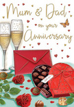 Richly detailed anniversary card scene that feels like an evening celebration in a Woodside family home, arranged with the same care a local florist gives to a special bouquet. On a softly shaded tabletop, two graceful champagne flutes stand close together, brimming with golden fizz that catches the light and seems ready for a heartfelt toast between long-time partners. In front of them, a heart-shaped chocolate box wrapped in an opulent red bow sits open, revealing neat rows of glossy truffles nestled inside, with a few tempting pieces scattered playfully nearby. Alongside, two deep red roses lie gently on the table, their velvety petals fully unfurled and framed by fresh green leaves, just as they might appear after being delivered from a Woodside florist earlier that day. The background is alive with small gold flecks and floating red hearts, creating an atmosphere of light, romance, and joyful celebration. A bright scarlet envelope rests in the foreground, sealed and positioned as though waiting to be opened by Mum & Dad, suggesting handwritten words of appreciation, memories, and love built over many years together around Woodside and the nearby parks. The overall lighting is warm and inviting, casting a soft glow that makes the glassware shimmer and the roses appear almost fragrant. This illustration captures the essence of an anniversary evening: a quiet table laid with champagne, chocolates, and flowers, all telling the story of enduring affection, family closeness, and the sweetness of a life shared.